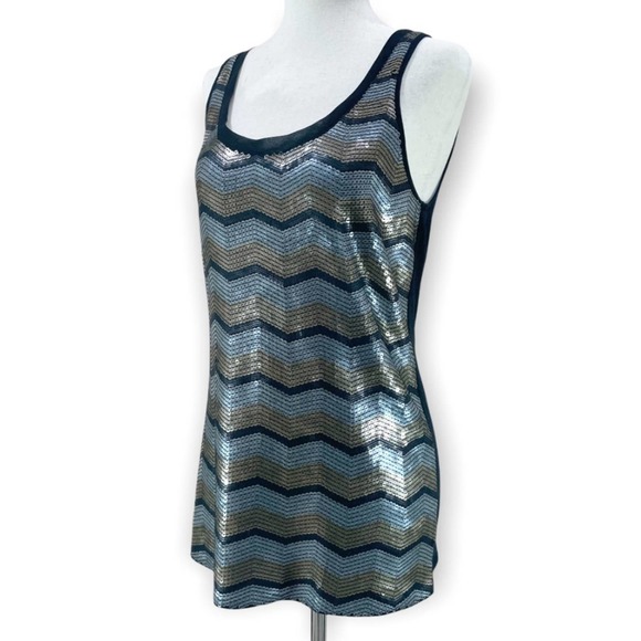 Express Tops - Express Sequined Tank Top Silver Gold  Chevron Scoop Neck Size S